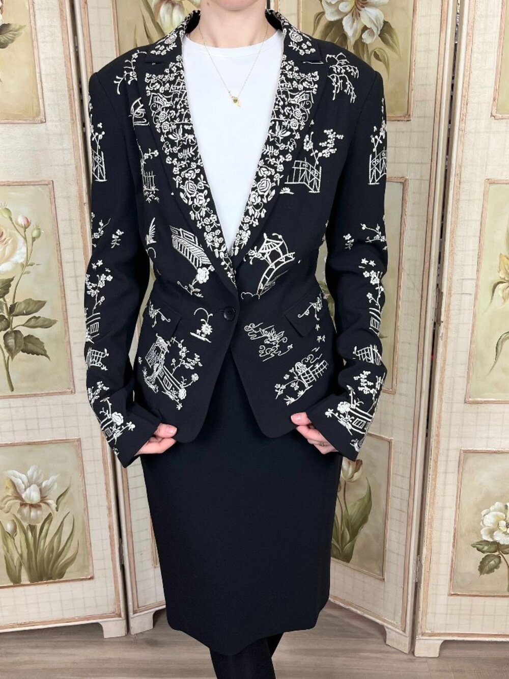 BCBG Embroidered Black and White Blazer